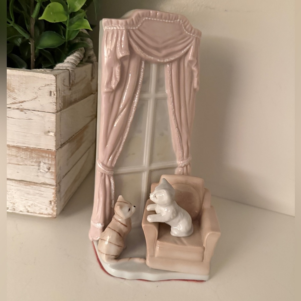 Porcelain Cat Figurine Playing in Front of Window  Made in Taiwan. Vintage
